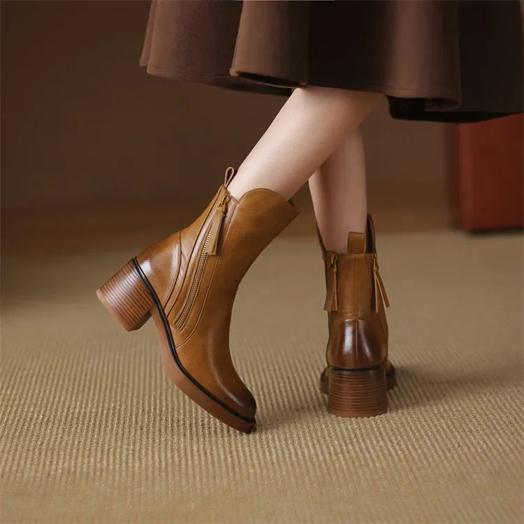 Ludovica Women's Faux Leather Block Heel Ankle Boots | Zip-Up Heeled Ankle Boots for Women | Elegant Everyday Smart Casual Footwear