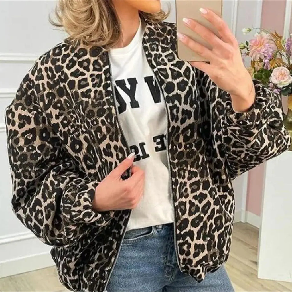 Fleur Women's Leopard Print Bomber Jacket | Animal Print Casual Outerwear | Everyday Streetwear
