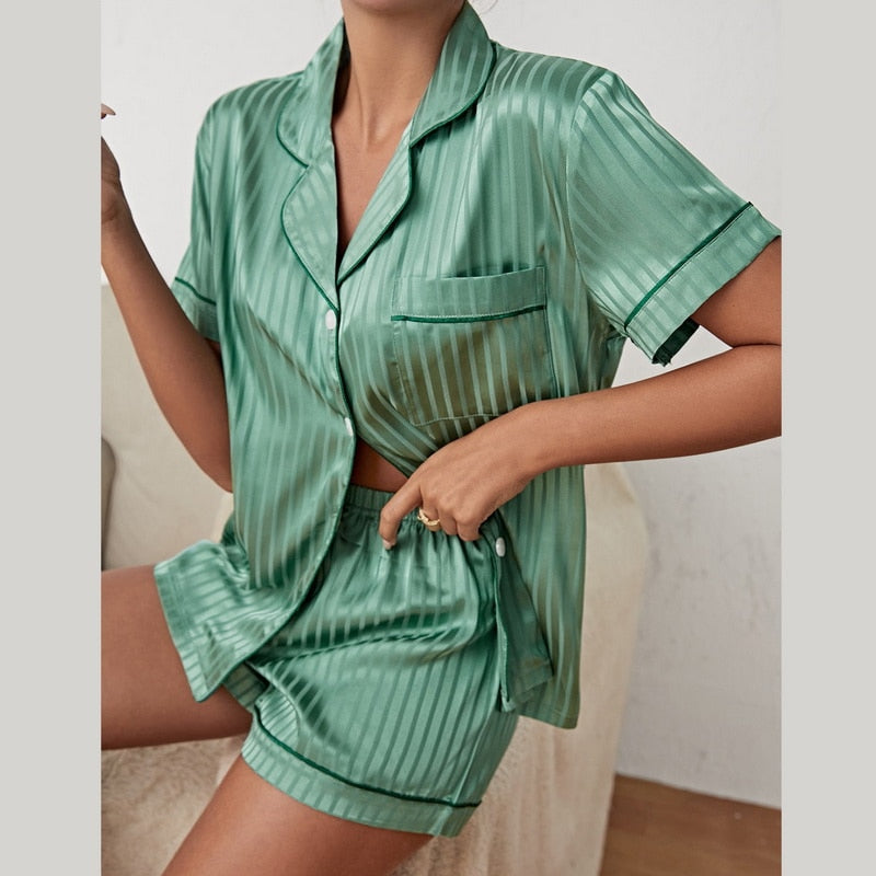 Lumière Women's Satin Pyjama Set | Short Sleeve Top & Shorts Loungewear for Women