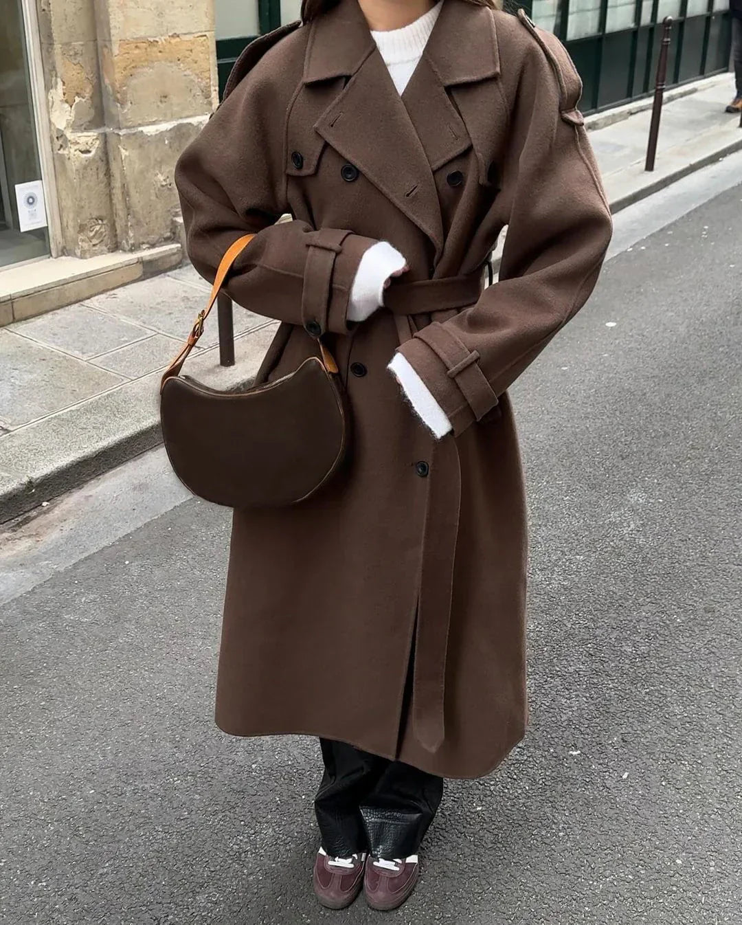 Grace Women's Wool Trench Coat with Belt | Double-Breasted Longline Winter Coat for Women