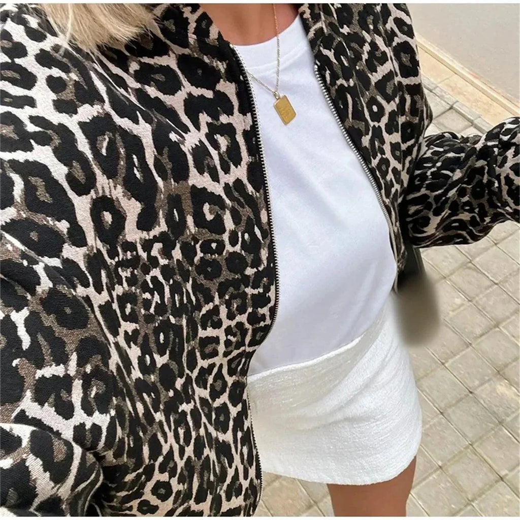 Fleur Women's Leopard Print Bomber Jacket | Animal Print Casual Outerwear | Everyday Streetwear