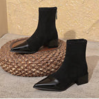 Elegant Suede Boots with Patent Details & Comfortable Block Heel