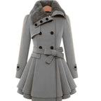 Women’s Fit-and-Flare Coat with Faux Fur Collar and Waist Belt