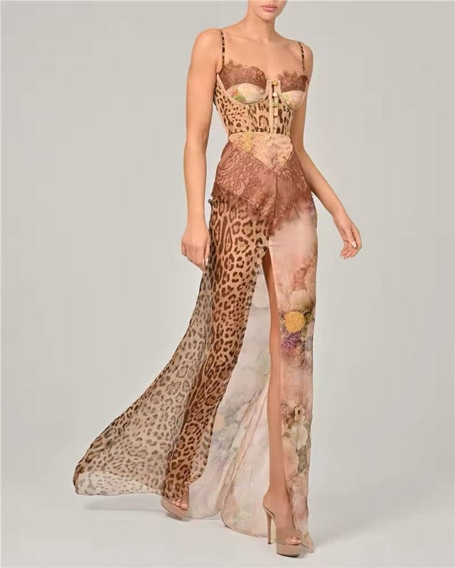 Sofia Women's Animal Print Lace Corset Maxi Dress | Mixed Print Going Out Gown | Evening & Occasion