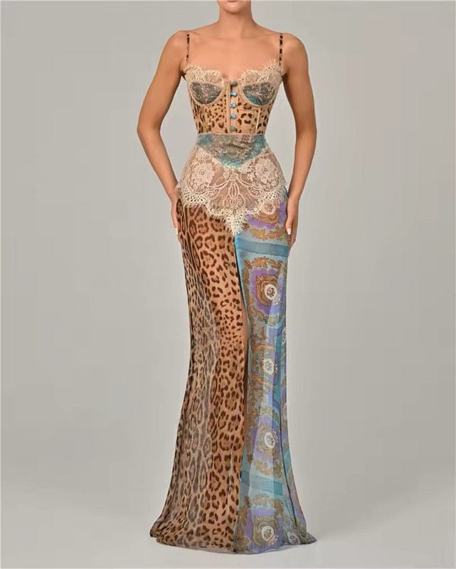 Sofia Women's Animal Print Lace Corset Maxi Dress | Mixed Print Going Out Gown | Evening & Occasion