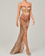 Sofia Women's Animal Print Lace Corset Maxi Dress | Mixed Print Going Out Gown | Evening & Occasion