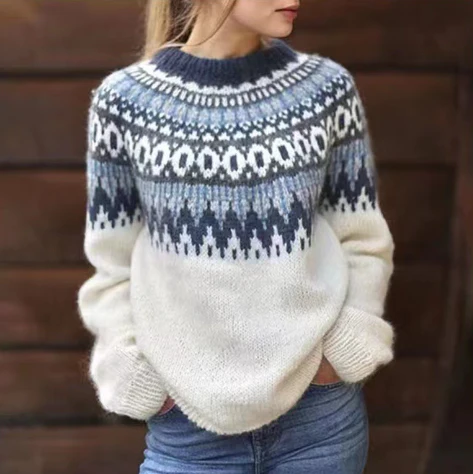 Sigrid Women's Nordic Knit Wool Blend Sweater | Fair Isle Round Neck Jumper | Heritage Pattern Cosy Everyday Winter Knitwear