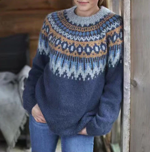 Sigrid Women's Nordic Knit Wool Blend Sweater | Fair Isle Round Neck Jumper | Heritage Pattern Cosy Everyday Winter Knitwear