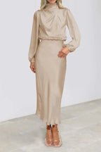 Ellana Women's Satin High Neck Midi Dress | Puff Sleeve Elegant Occasion Dress | Evening & Smart Casual