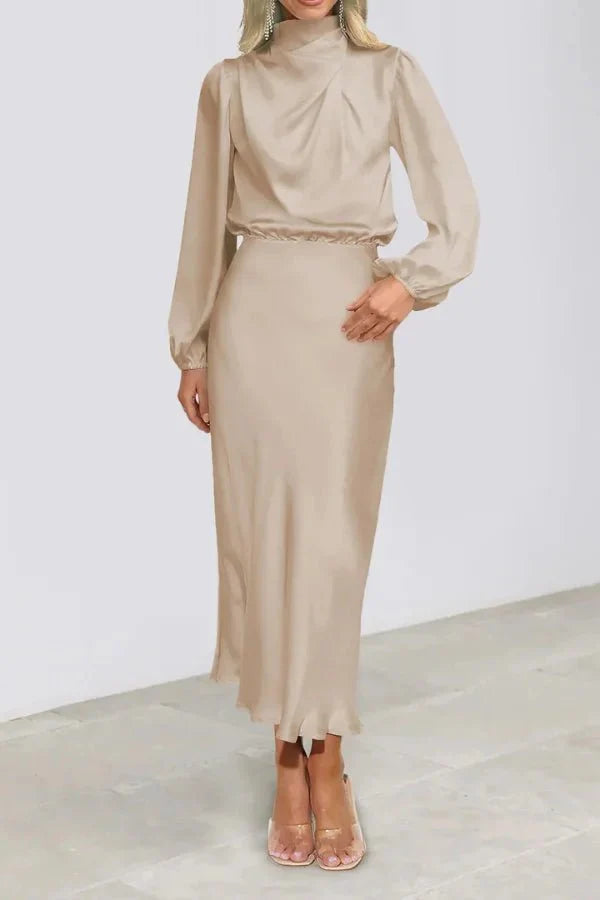 Ellana Women's Satin High Neck Midi Dress | Puff Sleeve Elegant Occasion Dress | Evening & Smart Casual