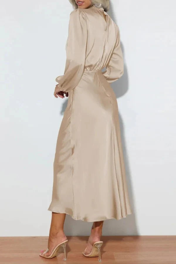 Ellana Women's Satin High Neck Midi Dress | Puff Sleeve Elegant Occasion Dress | Evening & Smart Casual