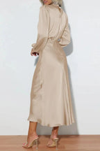 Ellana Women's Satin High Neck Midi Dress | Puff Sleeve Elegant Occasion Dress | Evening & Smart Casual
