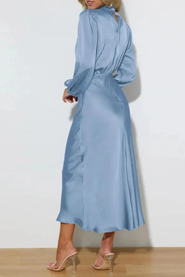 Ellana Women's Satin High Neck Midi Dress | Puff Sleeve Elegant Occasion Dress | Evening & Smart Casual