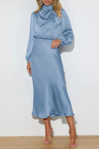 Ellana Women's Satin High Neck Midi Dress | Puff Sleeve Elegant Occasion Dress | Evening & Smart Casual