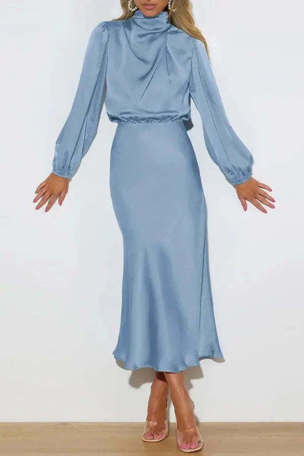 Ellana Women's Satin High Neck Midi Dress | Puff Sleeve Elegant Occasion Dress | Evening & Smart Casual