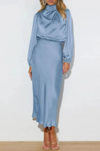 Ellana Women's Satin High Neck Midi Dress | Puff Sleeve Elegant Occasion Dress | Evening & Smart Casual