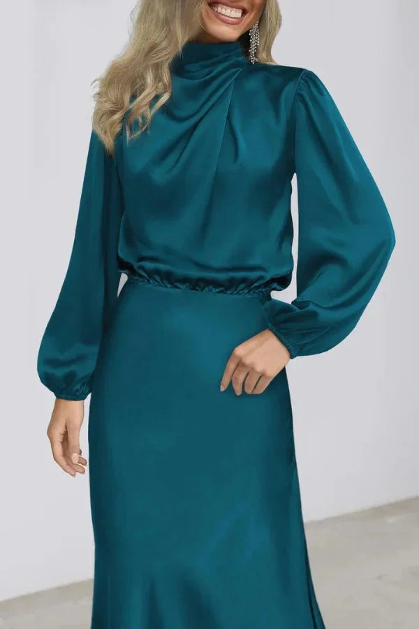 Ellana Women's Satin High Neck Midi Dress | Puff Sleeve Elegant Occasion Dress | Evening & Smart Casual