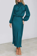 Ellana Women's Satin High Neck Midi Dress | Puff Sleeve Elegant Occasion Dress | Evening & Smart Casual