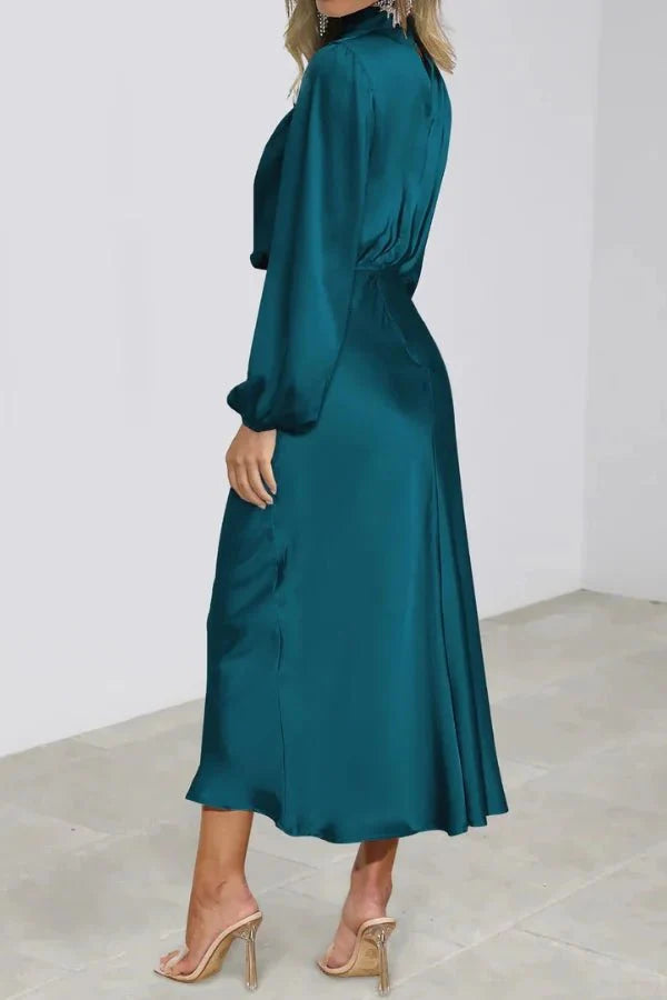 Ellana Women's Satin High Neck Midi Dress | Puff Sleeve Elegant Occasion Dress | Evening & Smart Casual
