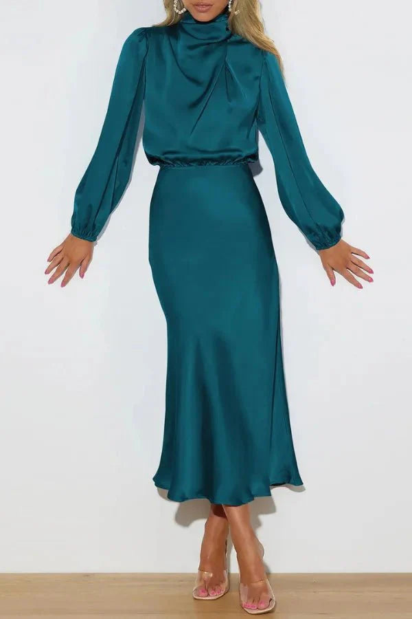 Ellana Women's Satin High Neck Midi Dress | Puff Sleeve Elegant Occasion Dress | Evening & Smart Casual