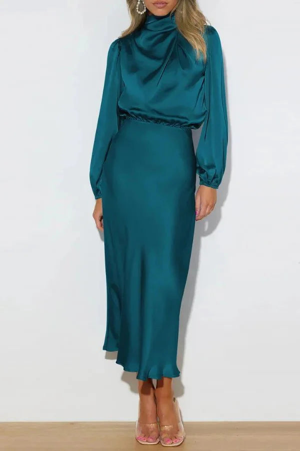 Ellana Women's Satin High Neck Midi Dress | Puff Sleeve Elegant Occasion Dress | Evening & Smart Casual