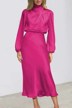 Ellana Women's Satin High Neck Midi Dress | Puff Sleeve Elegant Occasion Dress | Evening & Smart Casual