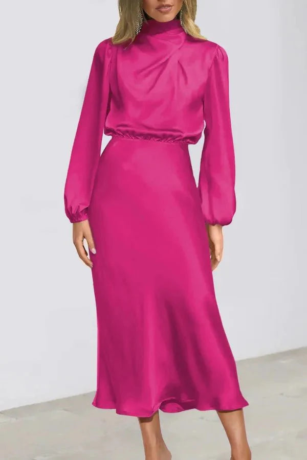 Ellana Women's Satin High Neck Midi Dress | Puff Sleeve Elegant Occasion Dress | Evening & Smart Casual