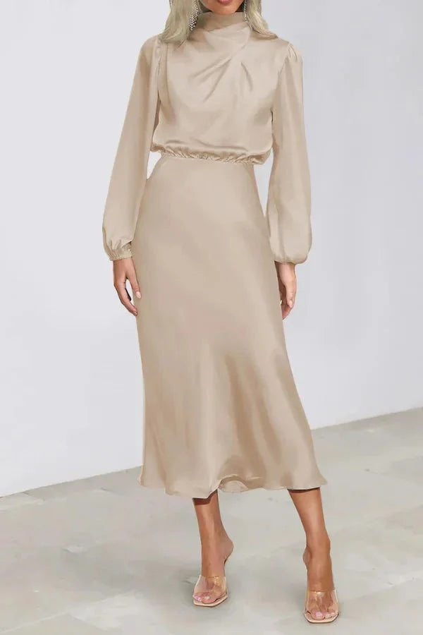 Ellana Women's Satin High Neck Midi Dress | Puff Sleeve Elegant Occasion Dress | Evening & Smart Casual