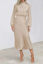Ellana Women's Satin High Neck Midi Dress | Puff Sleeve Elegant Occasion Dress | Evening & Smart Casual