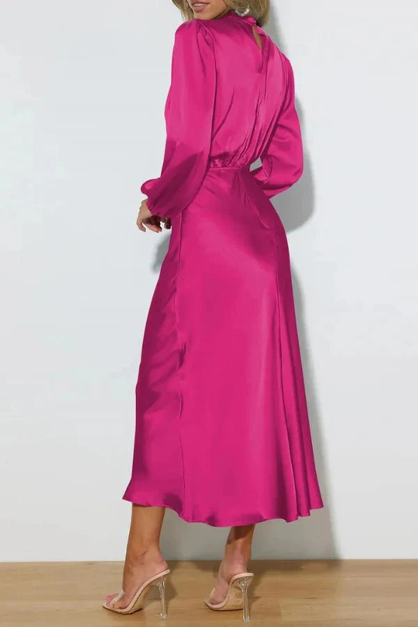Ellana Women's Satin High Neck Midi Dress | Puff Sleeve Elegant Occasion Dress | Evening & Smart Casual
