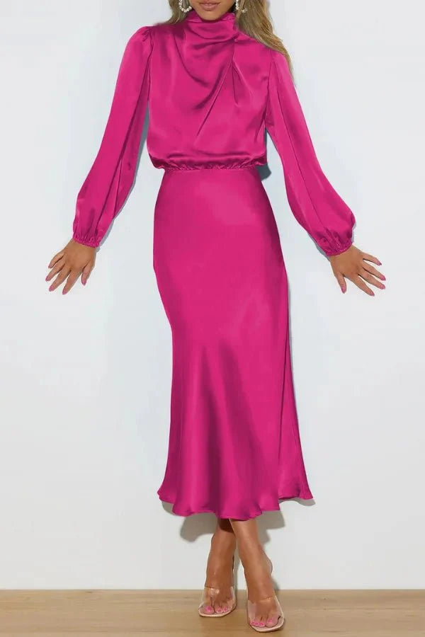 Ellana Women's Satin High Neck Midi Dress | Puff Sleeve Elegant Occasion Dress | Evening & Smart Casual