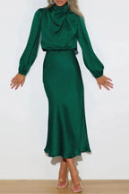 Ellana Women's Satin High Neck Midi Dress | Puff Sleeve Elegant Occasion Dress | Evening & Smart Casual