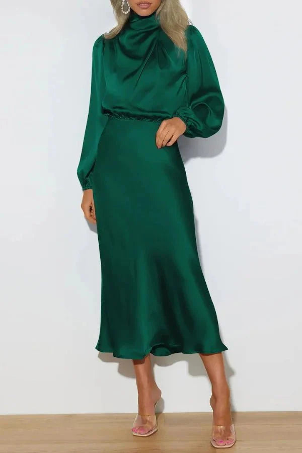 Ellana Women's Satin High Neck Midi Dress | Puff Sleeve Elegant Occasion Dress | Evening & Smart Casual