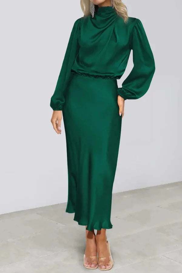 Ellana Women's Satin High Neck Midi Dress | Puff Sleeve Elegant Occasion Dress | Evening & Smart Casual
