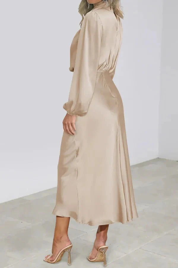 Ellana Women's Satin High Neck Midi Dress | Puff Sleeve Elegant Occasion Dress | Evening & Smart Casual