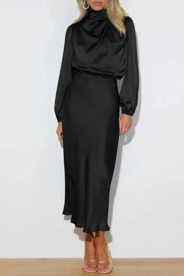 Ellana Women's Satin High Neck Midi Dress | Puff Sleeve Elegant Occasion Dress | Evening & Smart Casual
