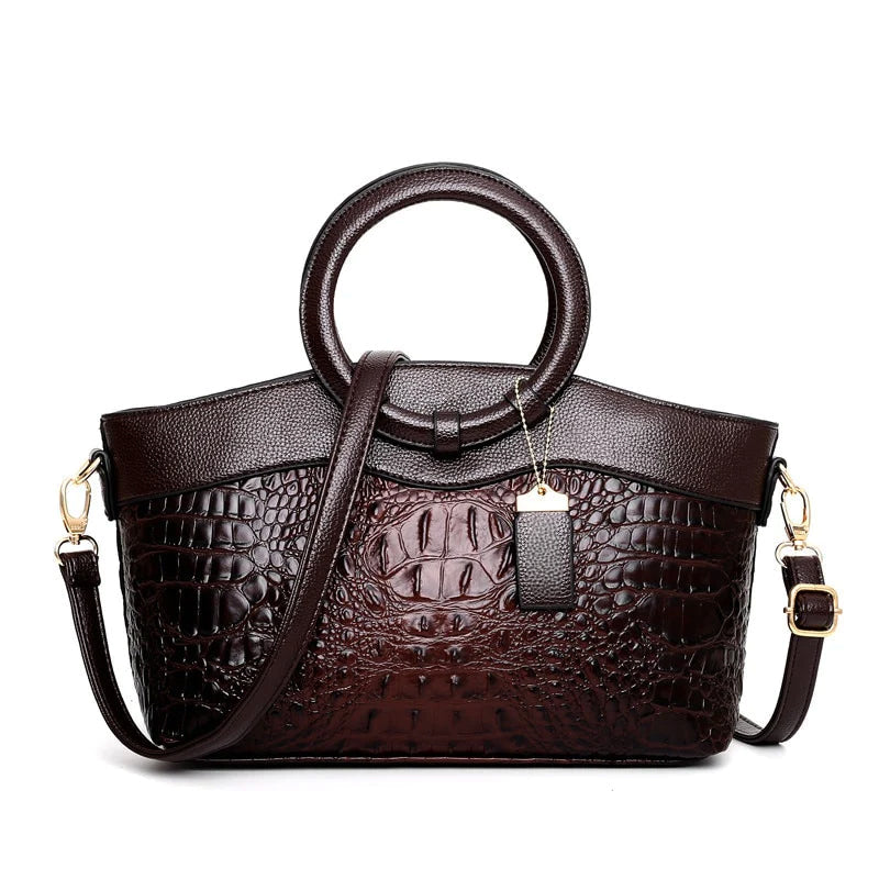 Vintage Croc-Embossed Leather Handbag – Elegant Structured Tote with Removable Strap