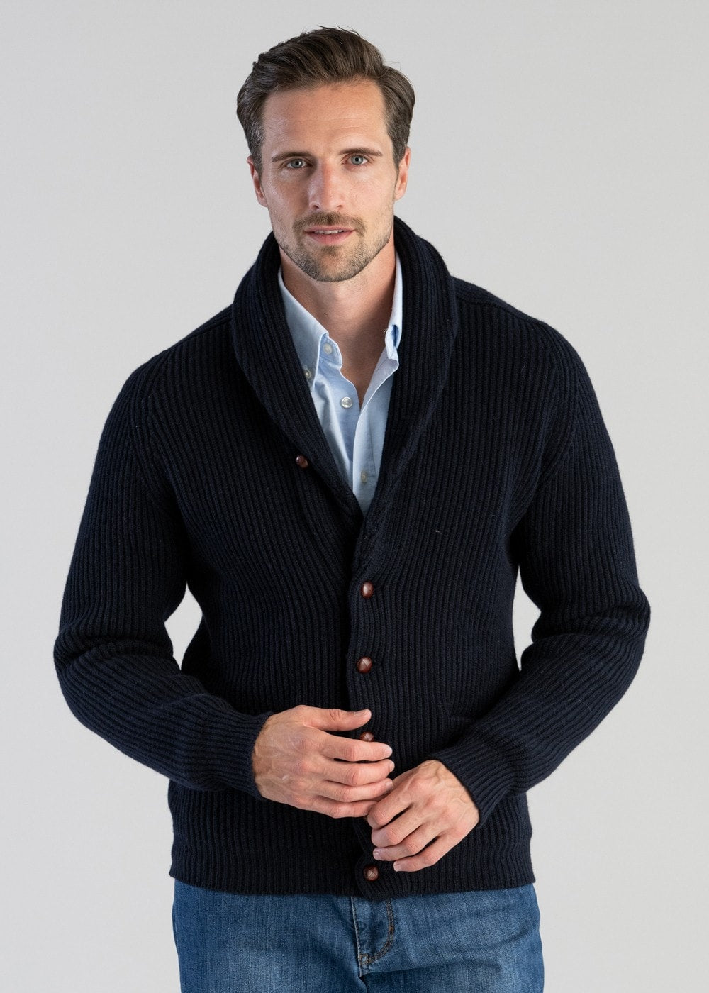 Windsor Men's Lambswool Shawl Collar Jacket | Luxury Soft Knit Shawl Cardigan for Men | Smart Casual Heritage Knitwear