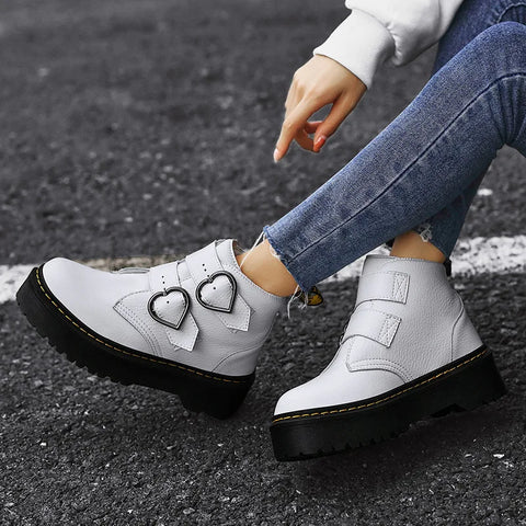 Valentijn Women's Block Heel Ankle Boots with Heart Buckle | Leather Heart Ankle Boots for Women