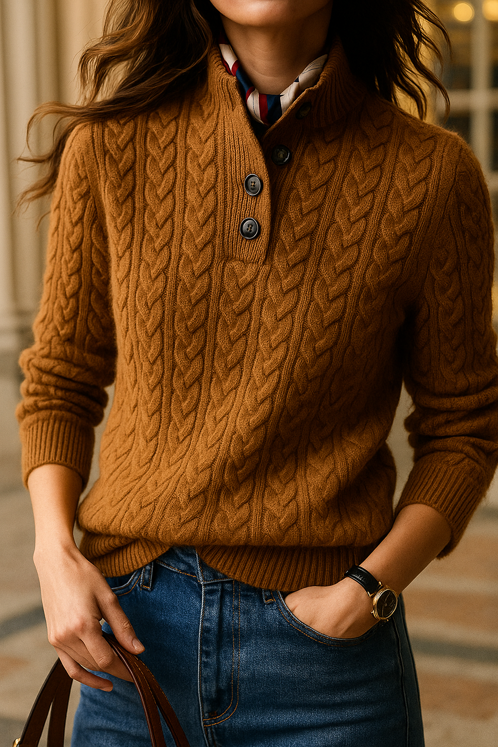 Women’s Cable Knit Button-Up Jumper – Chunky Warm Knit