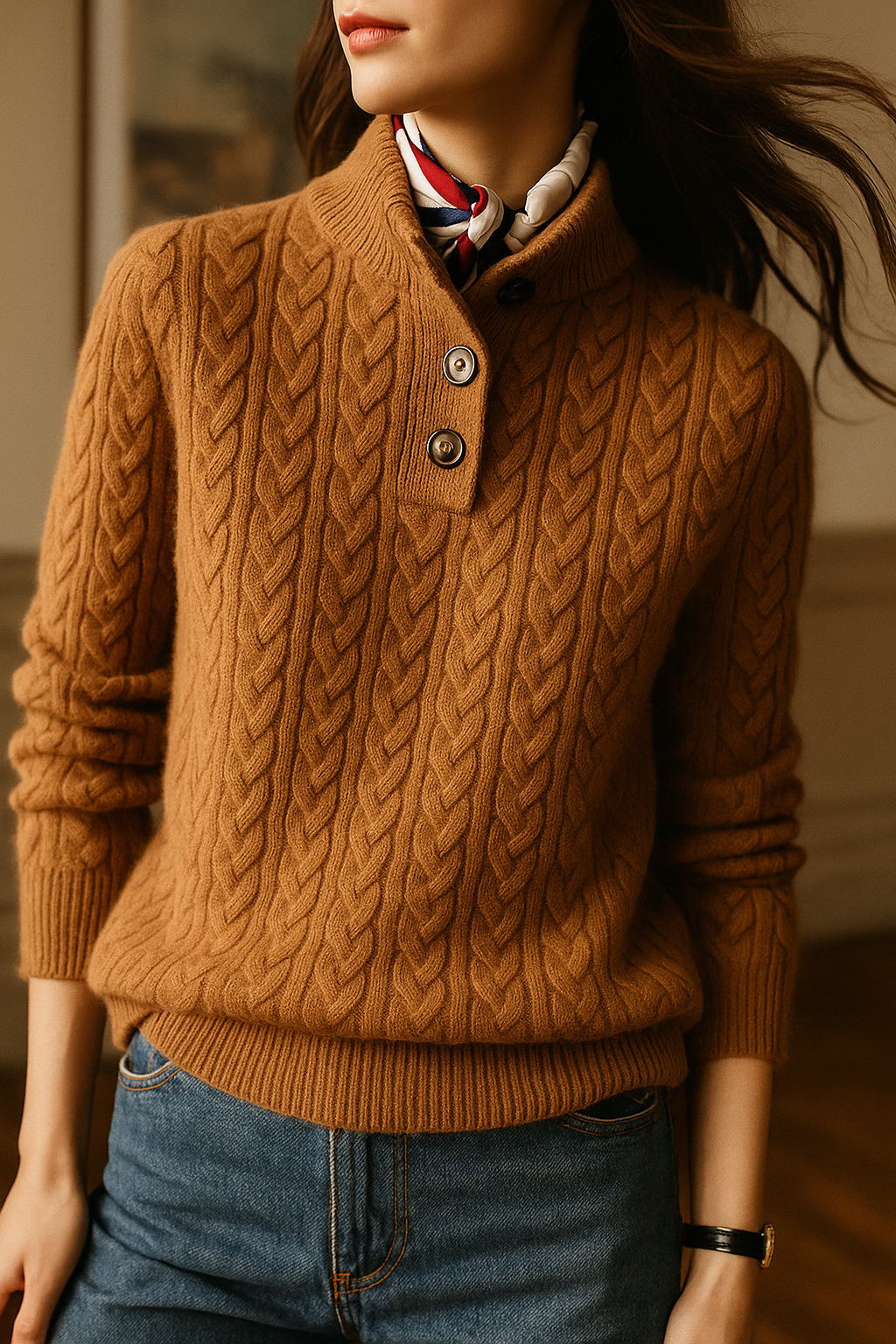 Women’s Cable Knit Button-Up Jumper – Chunky Warm Knit