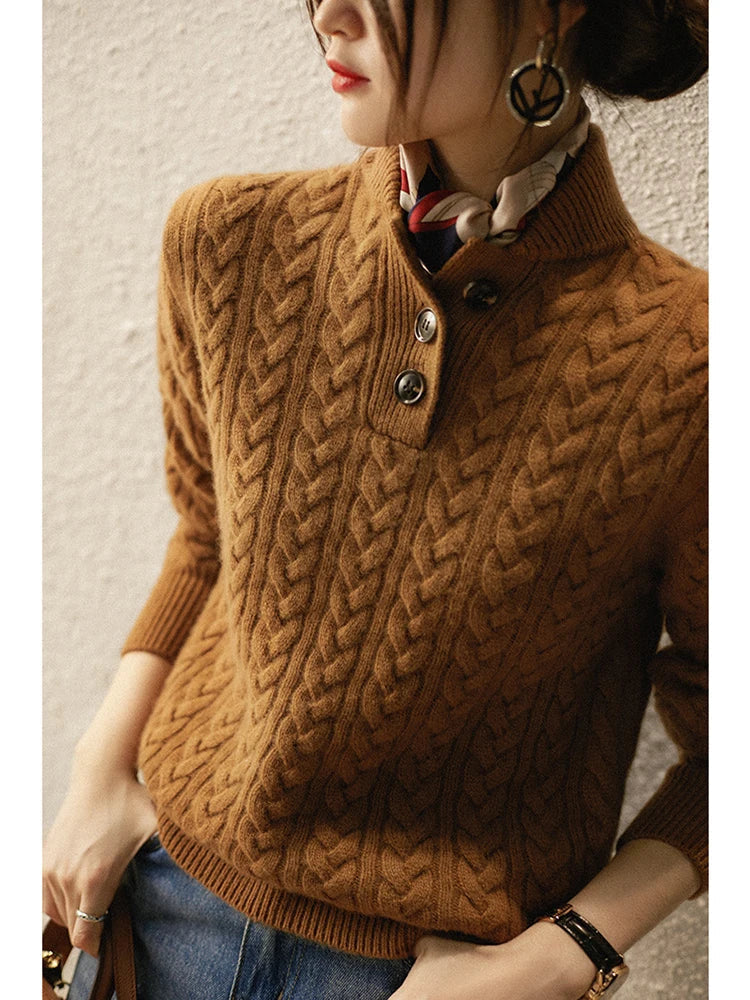Women’s Cable Knit Button-Up Jumper – Chunky Warm Knit