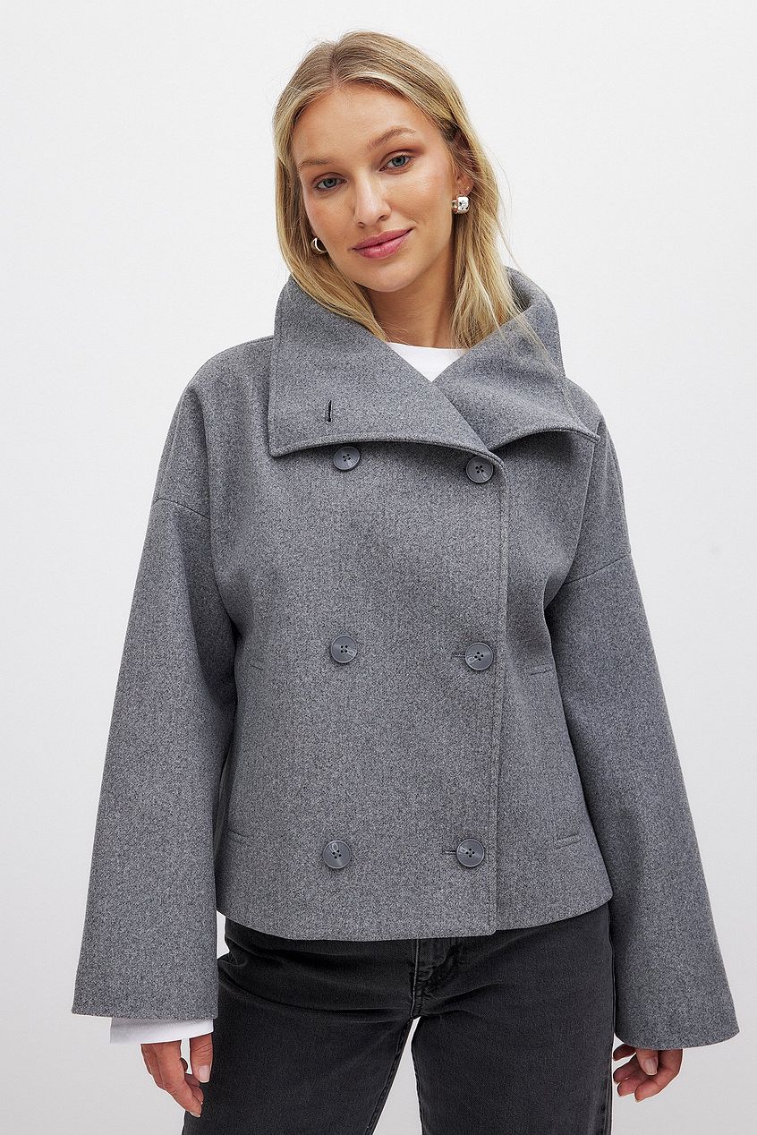Women's Short Wool Jacket with Double Snap Closure | Tailored Cropped Wool Coat for Women