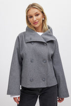 Women's Short Wool Jacket with Double Snap Closure | Tailored Cropped Wool Coat for Women