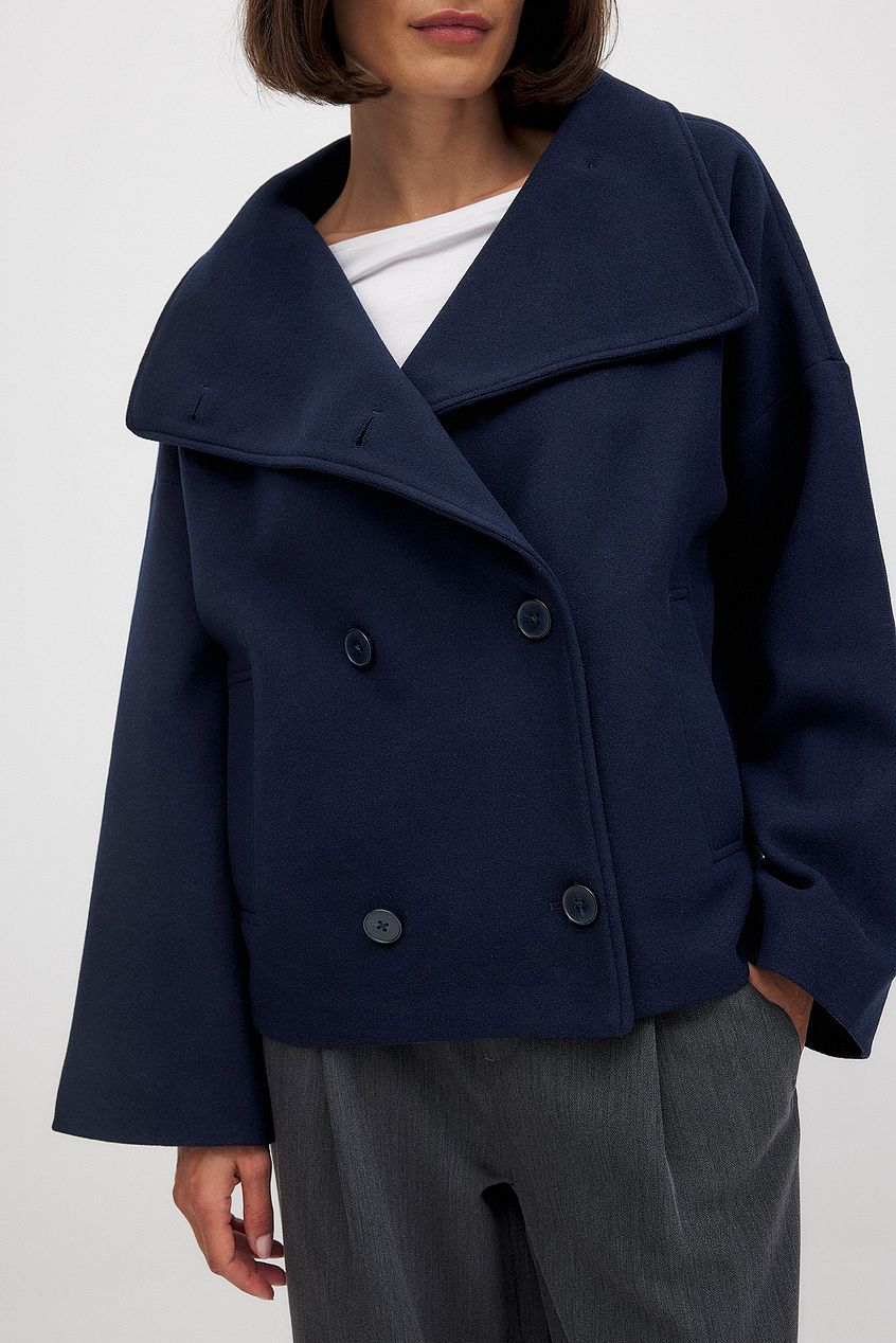 Women's Short Wool Jacket with Double Snap Closure | Tailored Cropped Wool Coat for Women