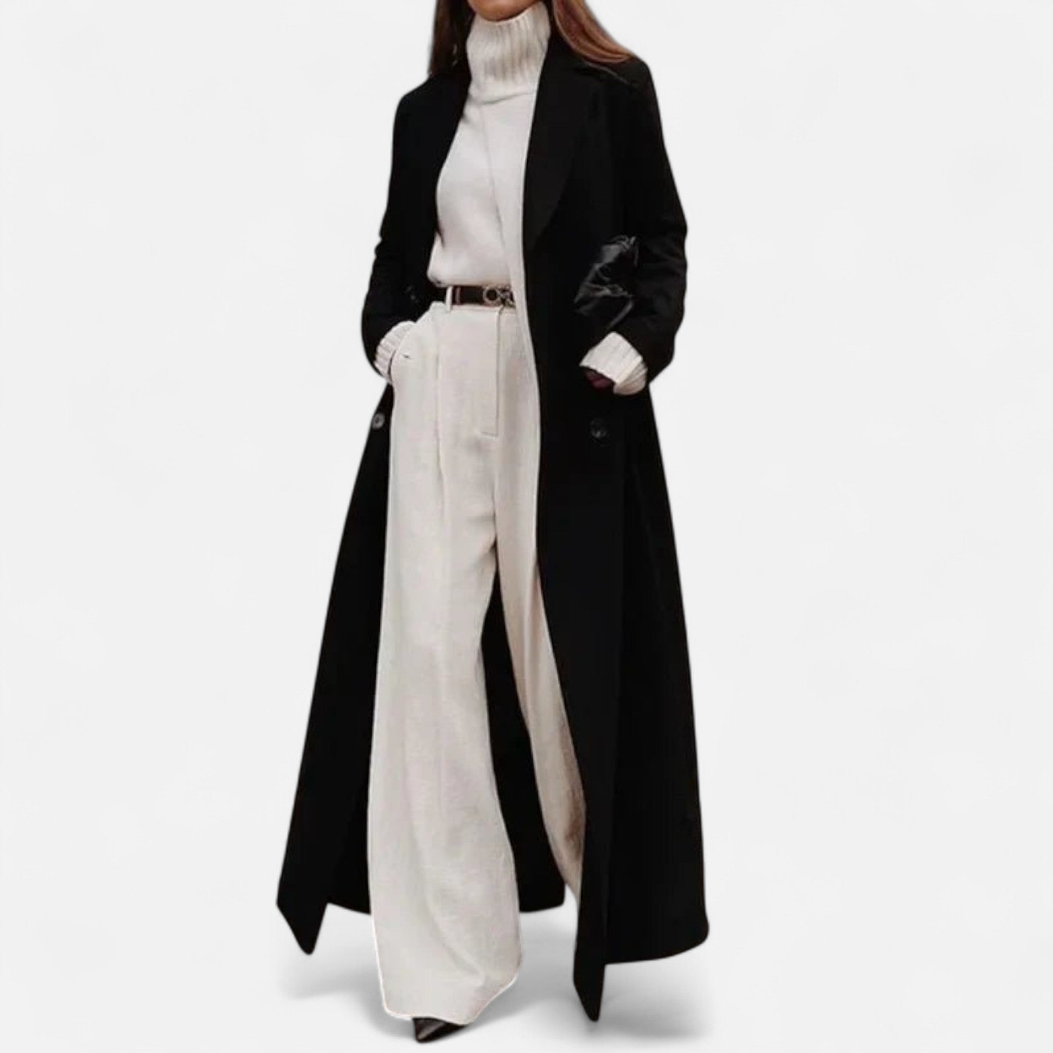 Aveline Women's Black Wool Maxi Coat | Elegant Tailored Longline Winter Coat for Women