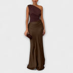 Zafira Women's One Shoulder Colour Block Maxi Dress | Satin Going Out Occasion Gown | Evening & Smart Casual