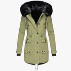 Women's Hooded Parka Jacket with Adjustable Waist and Snap Buttons