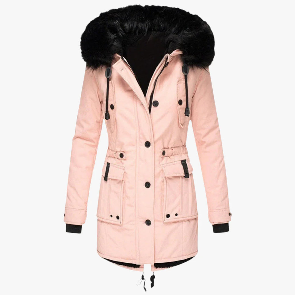 Women's Hooded Parka Jacket with Adjustable Waist and Snap Buttons