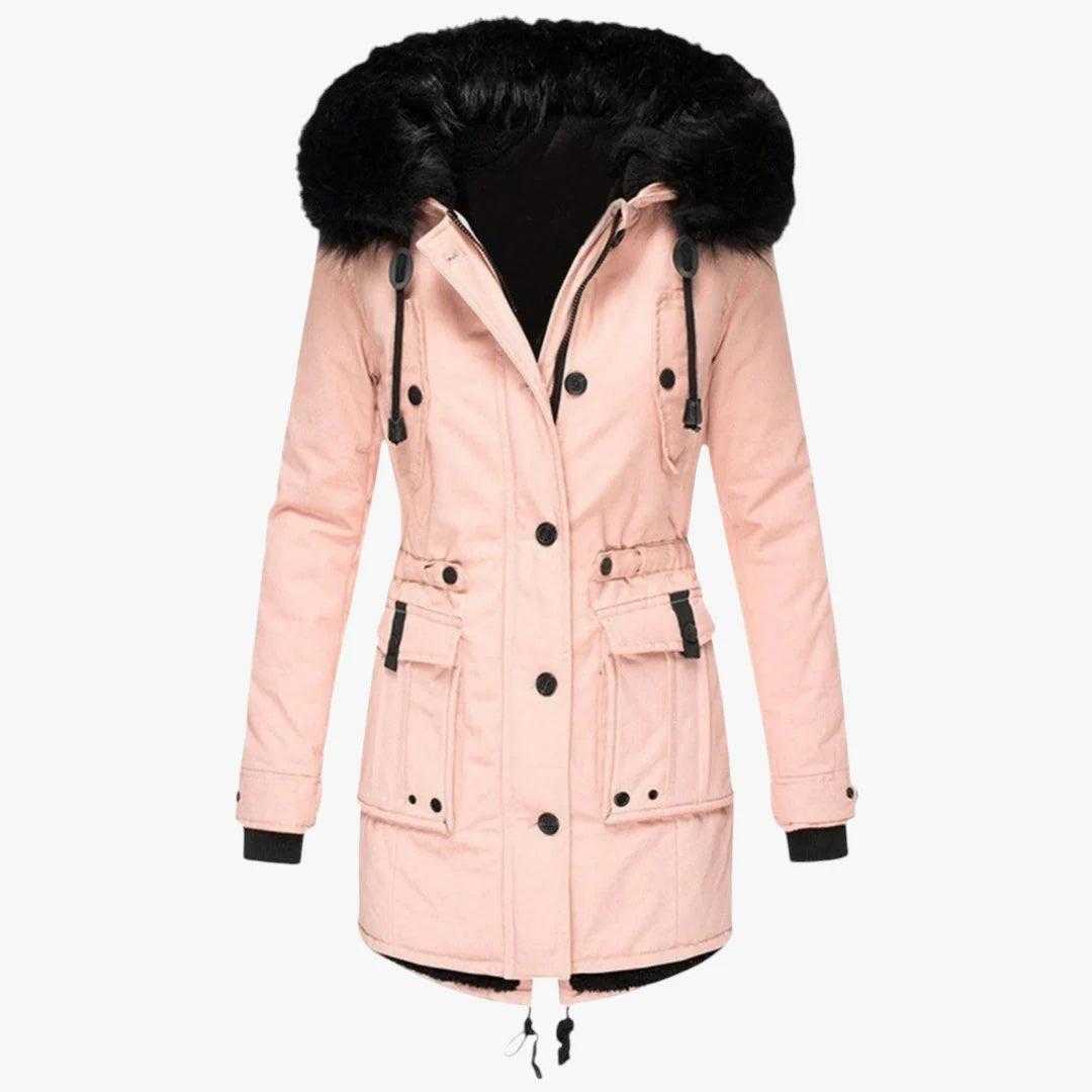 Women's Hooded Parka Jacket with Adjustable Waist and Snap Buttons